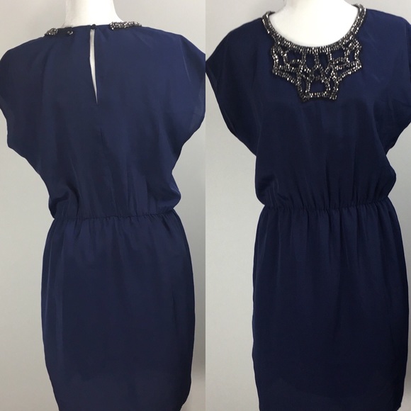 Collective Concepts Dresses & Skirts - Navy Blue Chiffon Short Dress with Metallic Beads